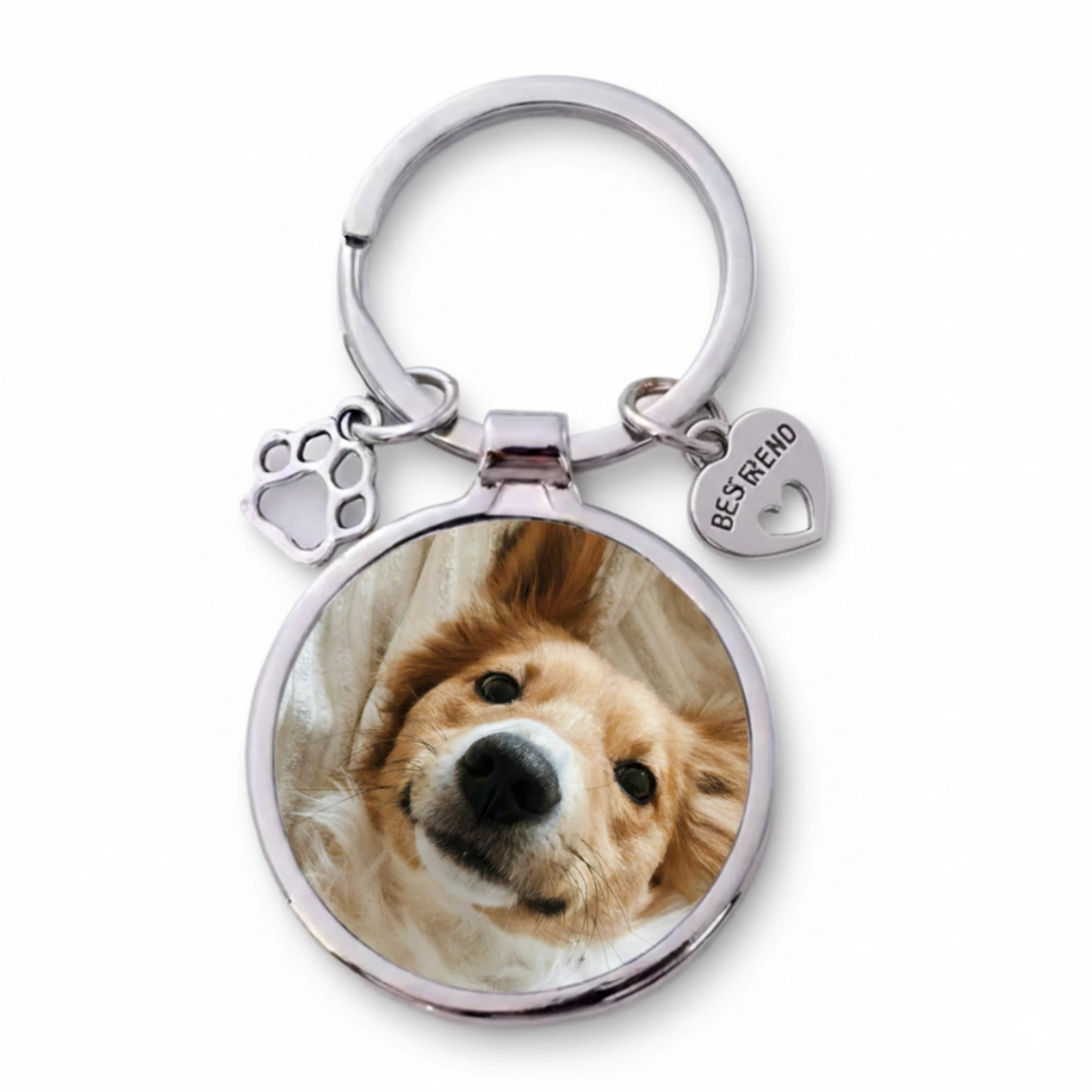 Porte-clés Photo Personnalisé "Best Friend" – Médaillon Rond avec Breloques Patte & Cœur