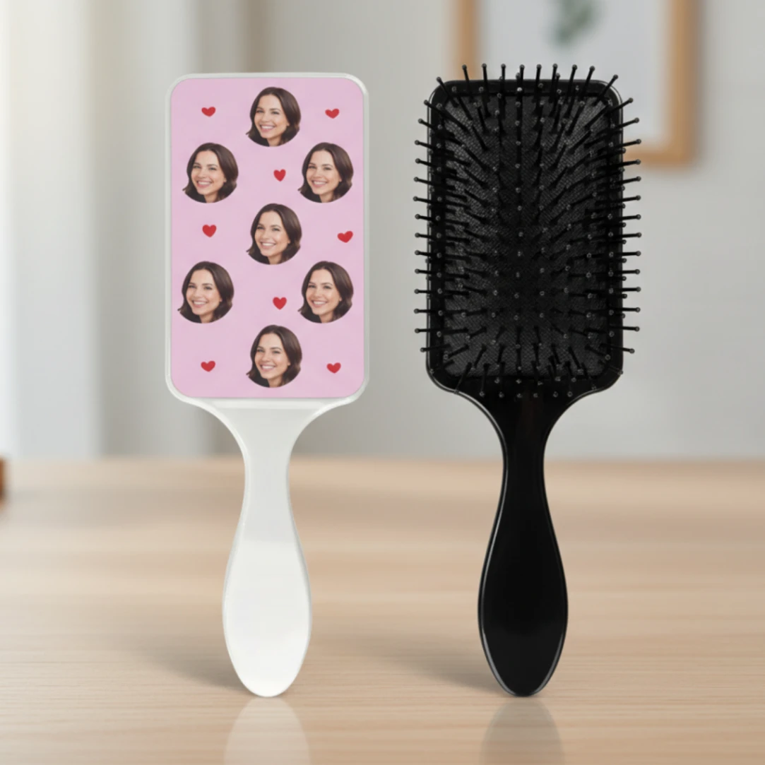 Brosse à Cheveux Personnalisée : Photo Pleine ou Motif Têtes & Cœurs - Cadeau Drôle Couple, Amie ou Animal - Accessoire Coiffure Unique