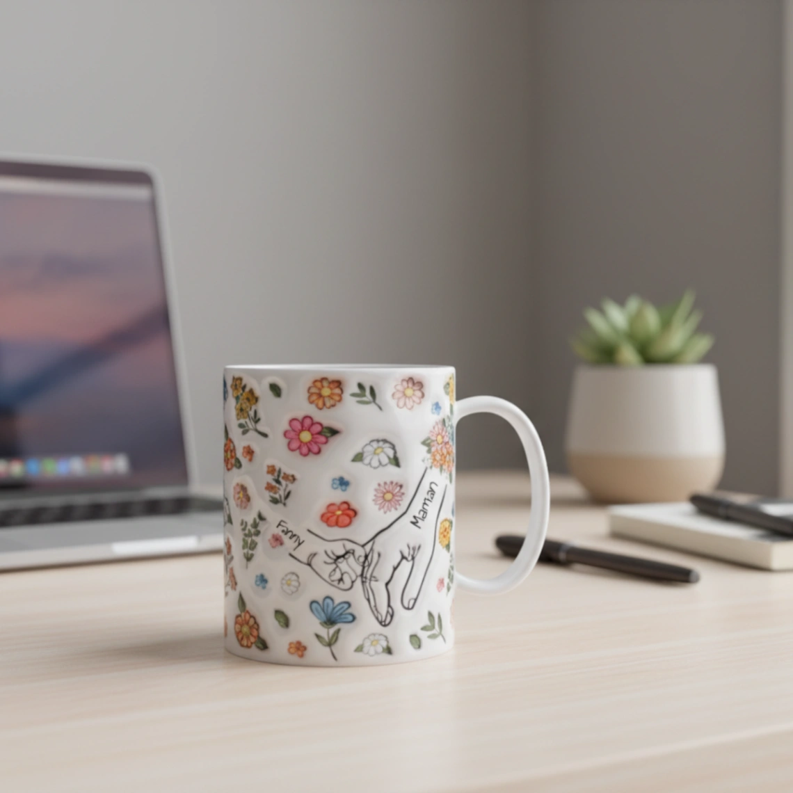 Mug Floral Personnalisé Pour Maman ou Papa - Effet Impression 3D 