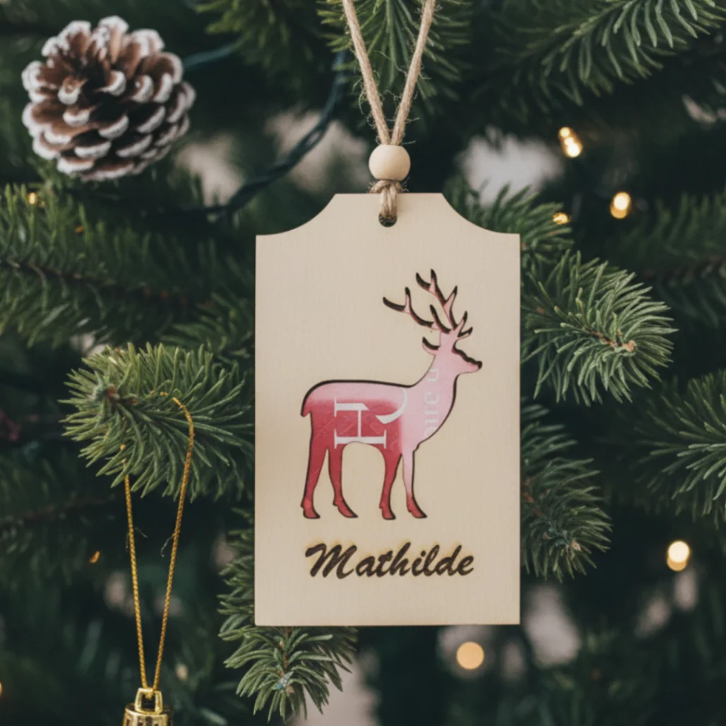 Porte-Carte Cadeau de Noël Personnalisé en Bois – Ornement de Sapin avec Prénom – Motif Renne
