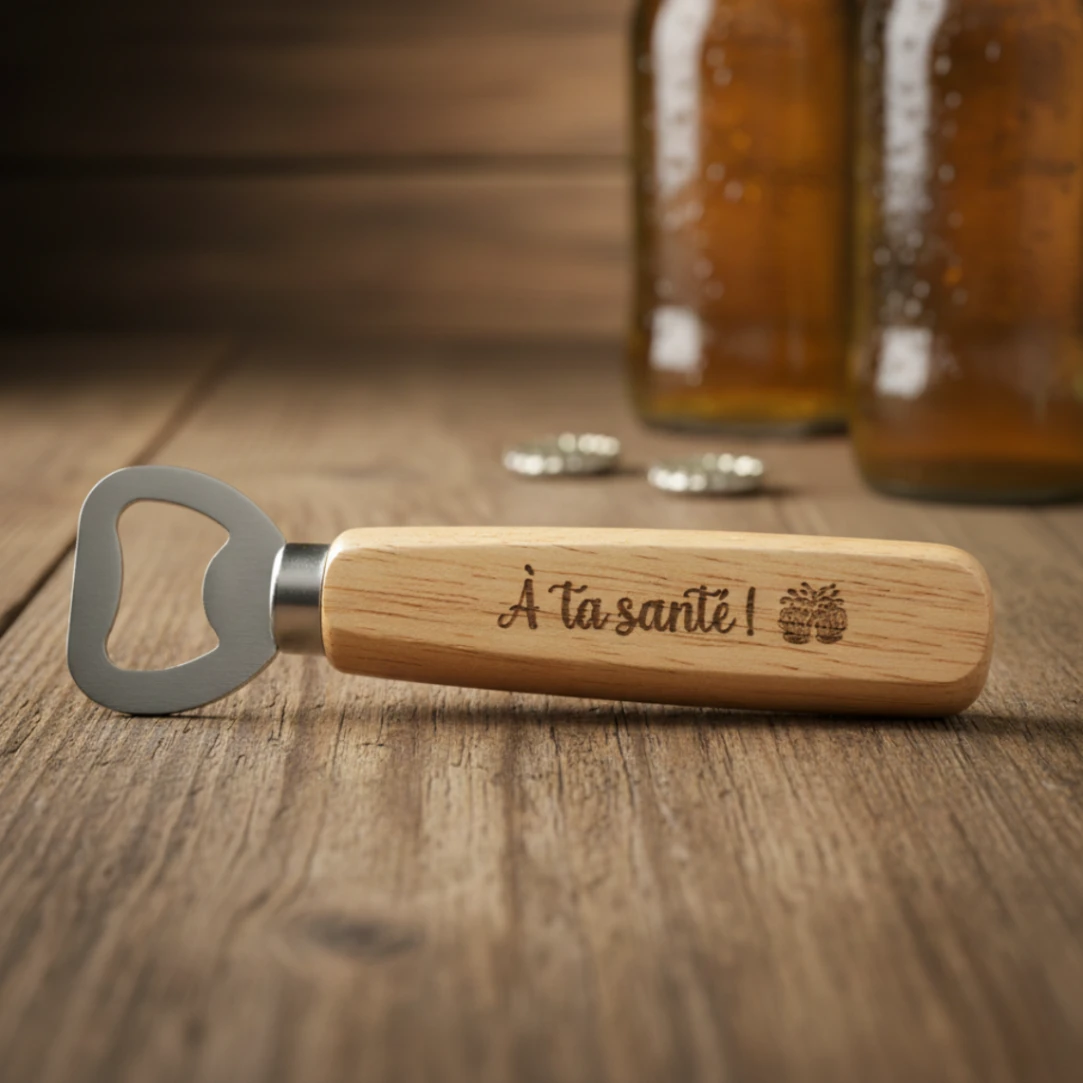 Décapsuleur en Bois Personnalisé – Cadeau d'Anniversaire Unique & Gravé (Texte Modifiable)