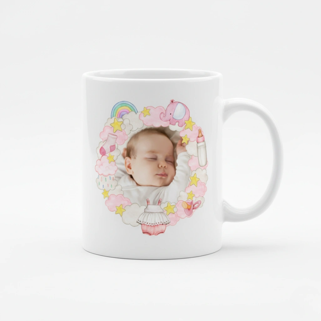 Mug Personnalisé Photo & Prénom | Thème Nuages, Éléphant et Douceur Rose