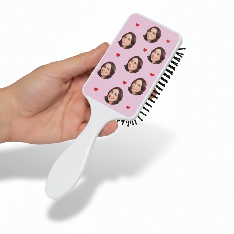 Brosse à Cheveux Personnalisée : Photo Pleine ou Motif Têtes & Cœurs - Cadeau Drôle Couple, Amie ou Animal - Accessoire Coiffure Unique