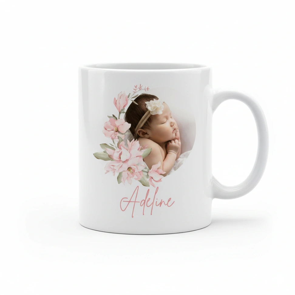 Mug Personnalisé Photo & Prénom | Thème Floral Magnolias & Douceur