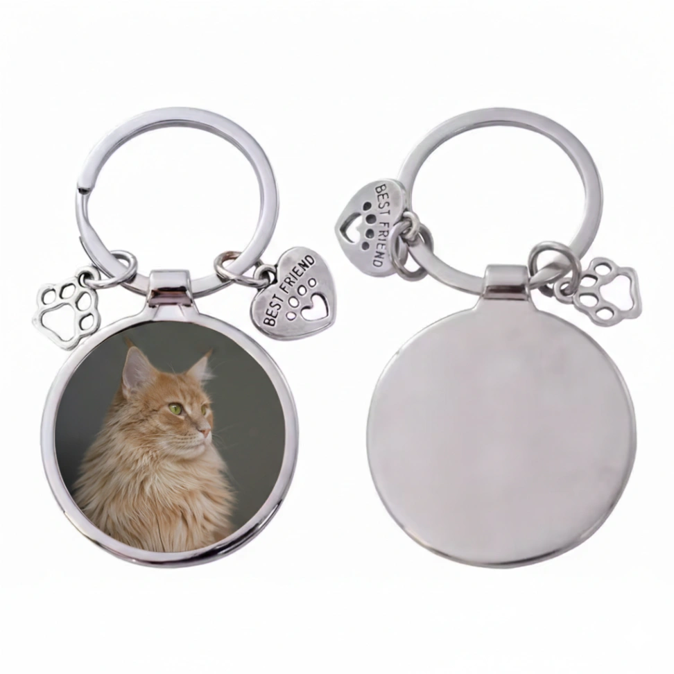 Porte-clés Photo Personnalisé "Best Friend" – Médaillon Rond avec Breloques Patte & Cœur
