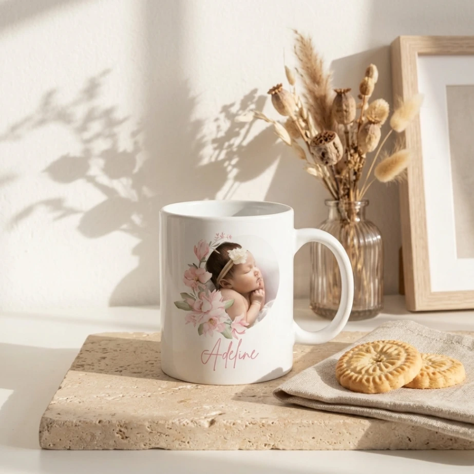 Mug Personnalisé Photo & Prénom | Thème Floral Magnolias & Douceur