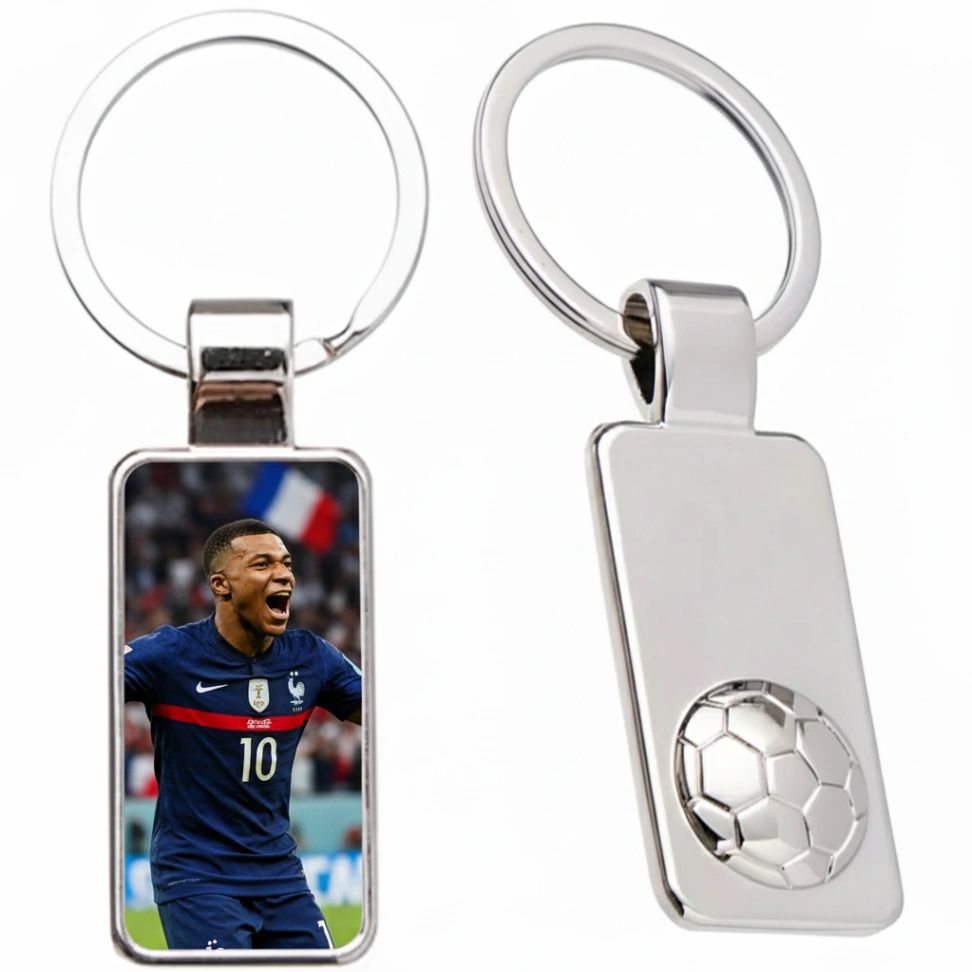 Porte-Clé Football Personnalisé avec Photo - Rectangulaire en Métal Argenté