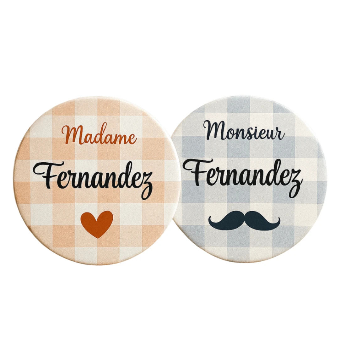 Dessous de Verre en Céramique Personnalisée avec Prénom - Design Nappe À Carreaux