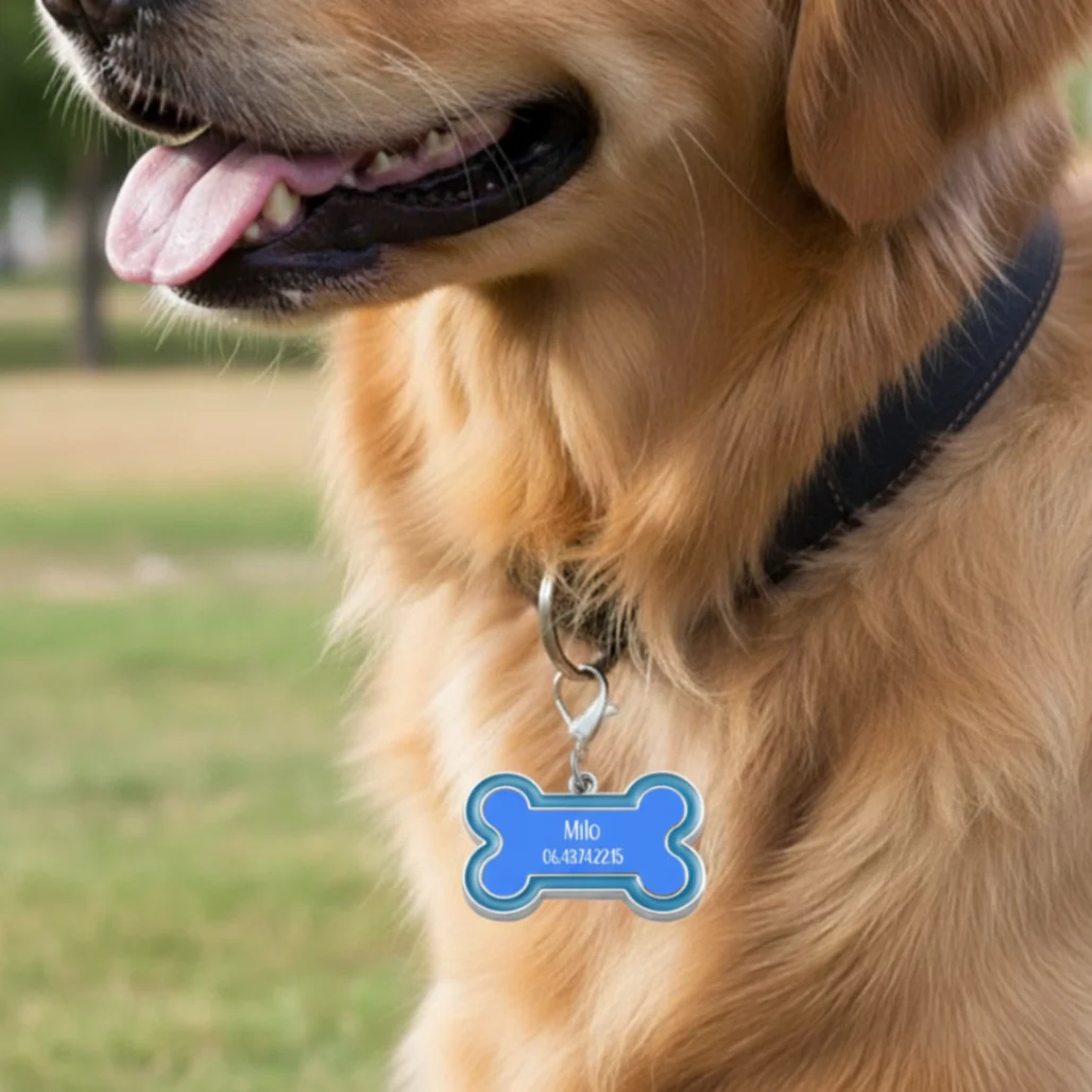 Médaille pour Chien Personnalisée - Forme Os - Nom et Téléphone